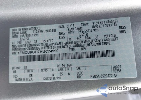 2017 Ford Escape Se z USA, uszkodzony, nr VIN 1FMCU9GD7HUC74990